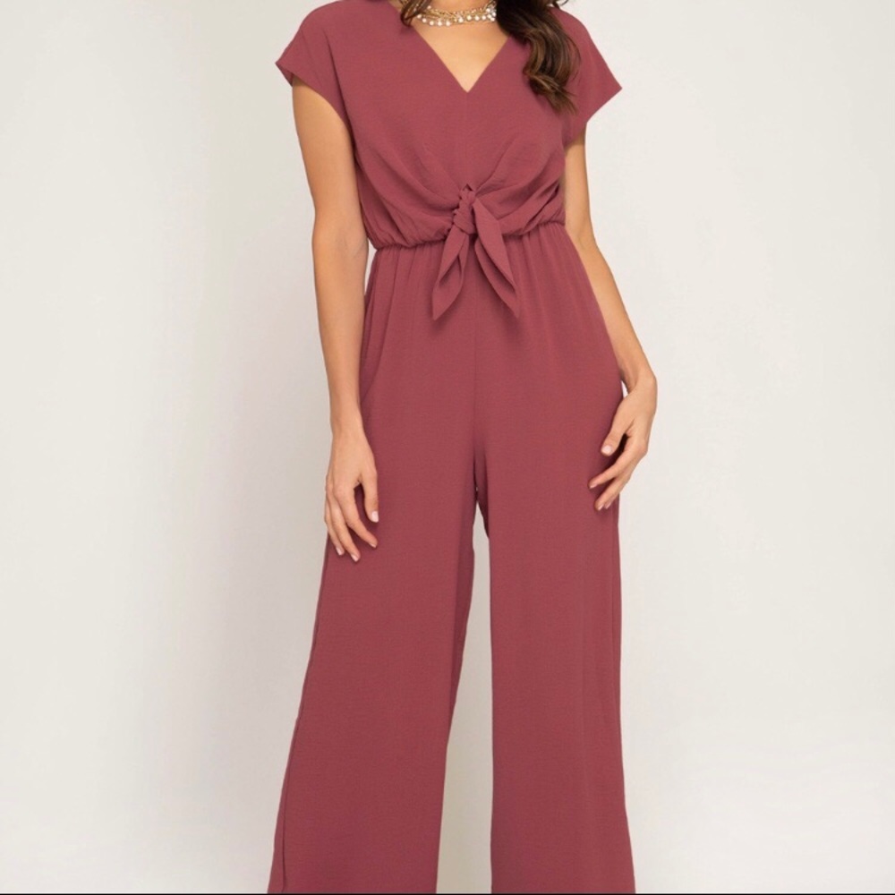Short Sleeve Woven Jumpsuit - Mauve, S